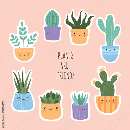 Stickers set of cute succulents cactus with smiling face, Mexican tropical home plants big collection. Hand drawn vector illustrations in modern trendy flat cartoon style, isolated on pink background