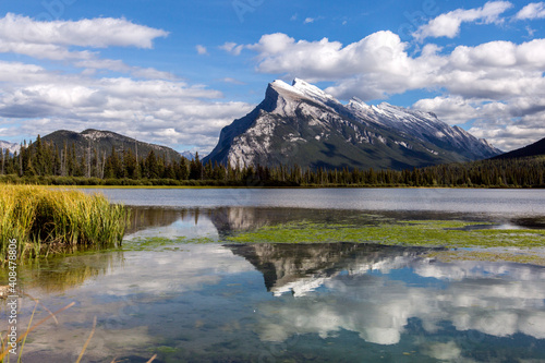 Beautiful rocky mountains in Canada, lake reflection, Banff, Jasper Canada