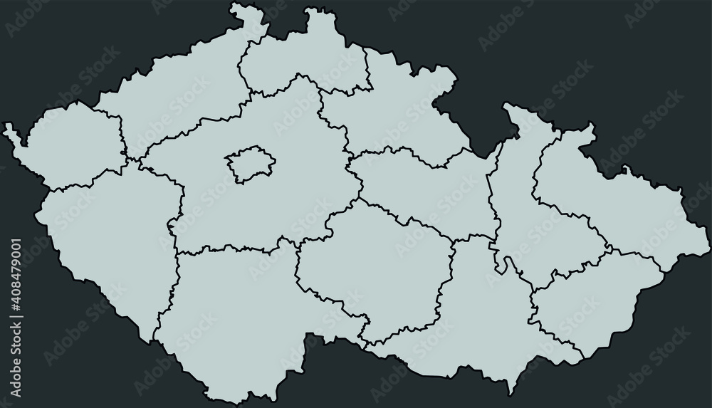 Contour vector map of Czech Republic with the designation of the administrative borders of the regions on a dark background.