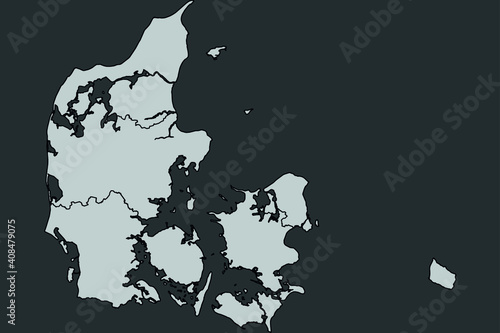 Contour vector map of Denmark with the designation of the administrative borders of the regions on a dark background.