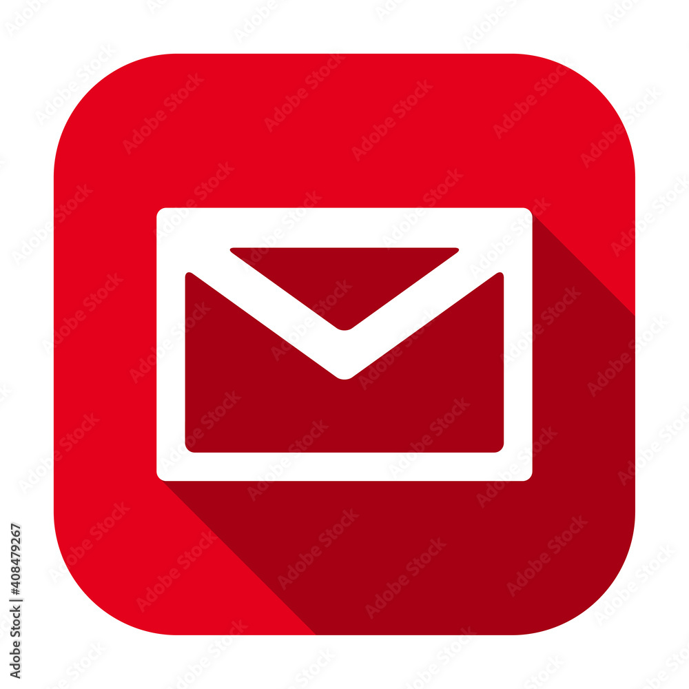 Red flat rounded square envelope icon, button with long shadow isolated on a white background. Vector illustration. Red flat rounded square envelope icon, button with long shadow isolated on a white background. Vector illustration.