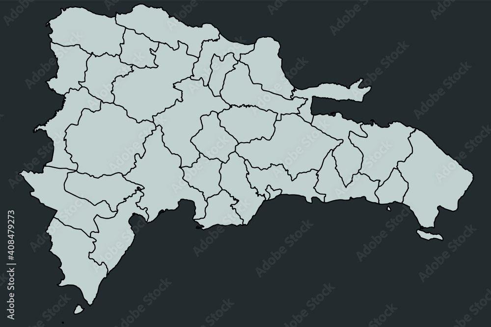 Obraz premium Contour vector map of Dominican Republic with the designation of the administrative borders of the regions on a dark background.