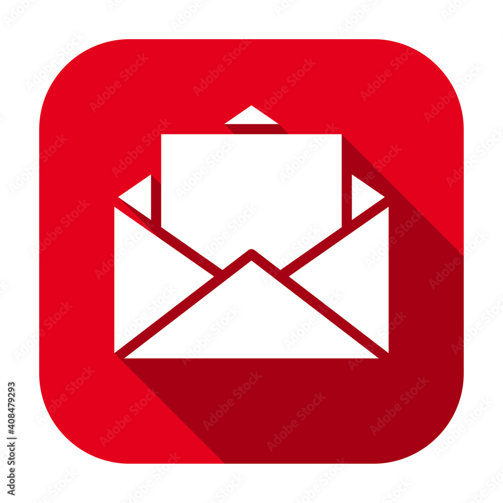 Red flat rounded square opened envelope with letter icon, button with long shadow isolated on a white background. Vector illustration. Red flat rounded square opened envelope with letter icon, button with long shadow isolated on a white background. Vector illustration.