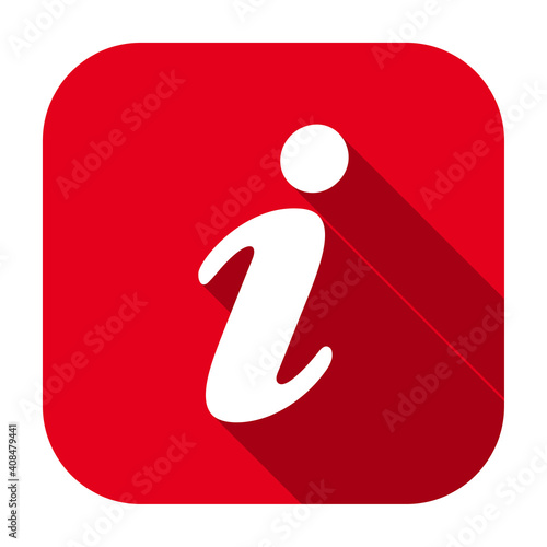 Red flat rounded square information icon, button with long shadow isolated on a white background. Vector illustration.