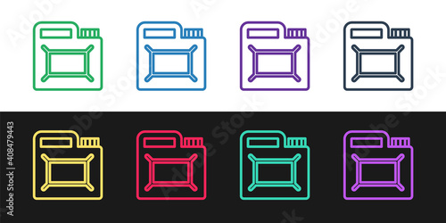 Set line Canister for motor machine oil icon isolated on black and white background. Oil gallon. Oil change service and repair. Engine oil sign. Vector.