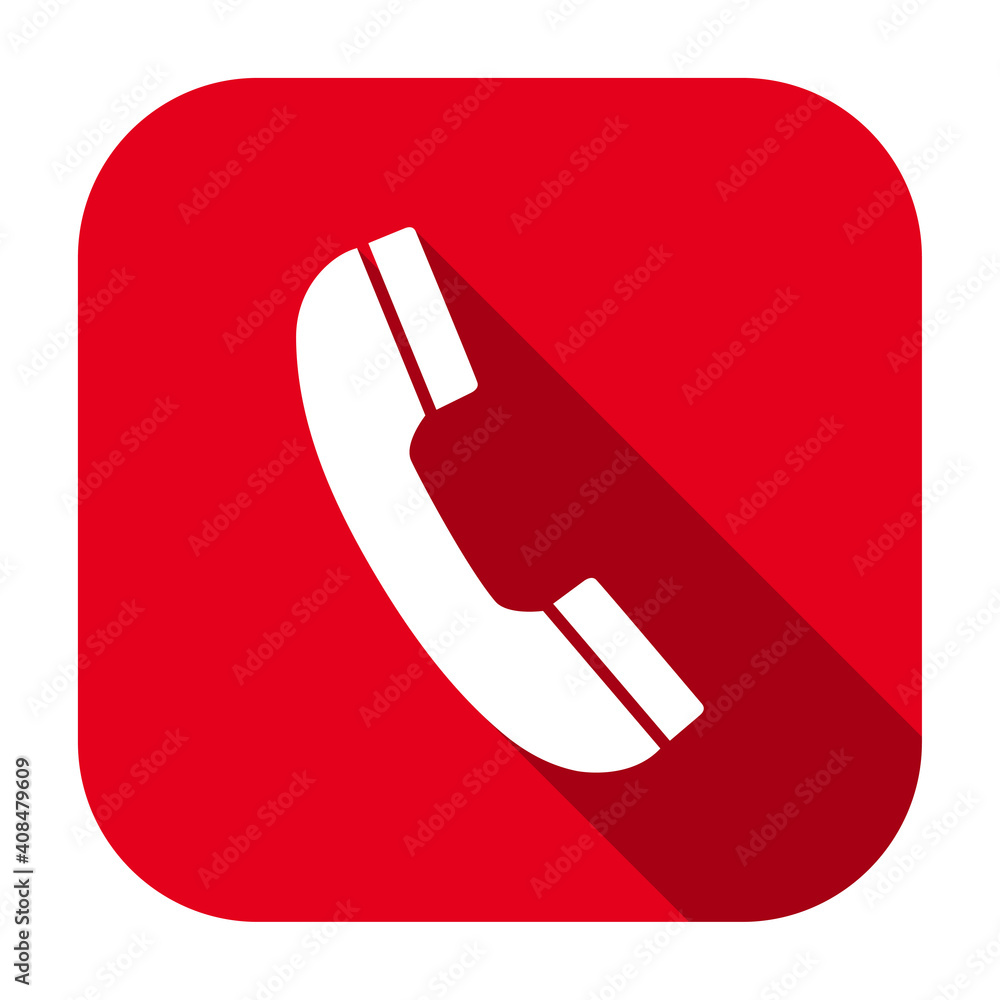 Red flat rounded square telephone receiver icon, button with long shadow isolated on a white background. Vector illustration. Red flat rounded square telephone receiver icon, button with long shadow isolated on a white background. Vector illustration.