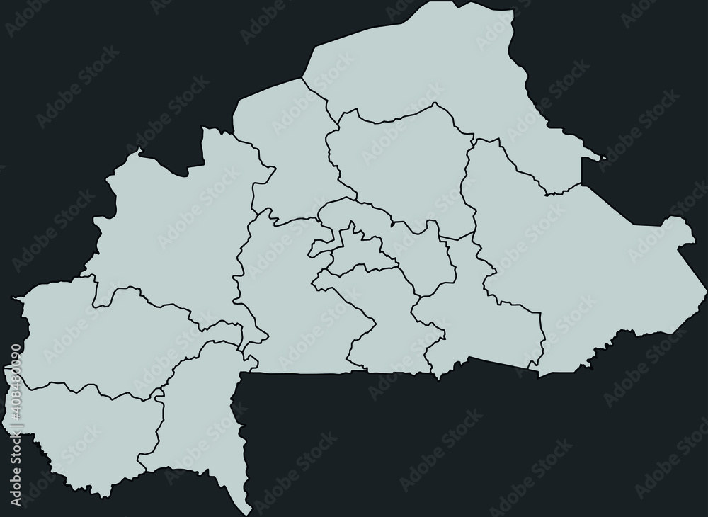 Fototapeta premium Contour vector map of Burkina Faso with the designation of the administrative borders of the regions on a dark background.