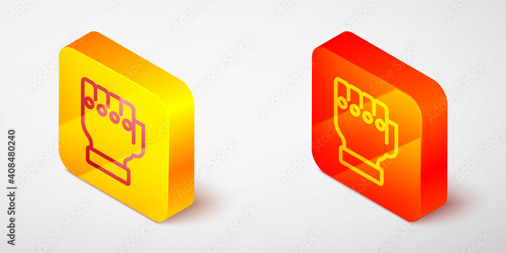 Isometric line MMA glove icon isolated on grey background. Sports accessory fighters. Warrior gloves. Yellow and orange square button. Vector. Isometric line MMA glove icon isolated on grey background. Sports accessory fighters. Warrior gloves. Yellow and orange square button. Vector.