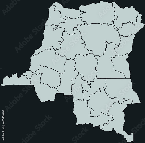 Contour vector map of Democratic Republic of the Congo (DRC) with the designation of the administrative borders of the regions on a dark background.