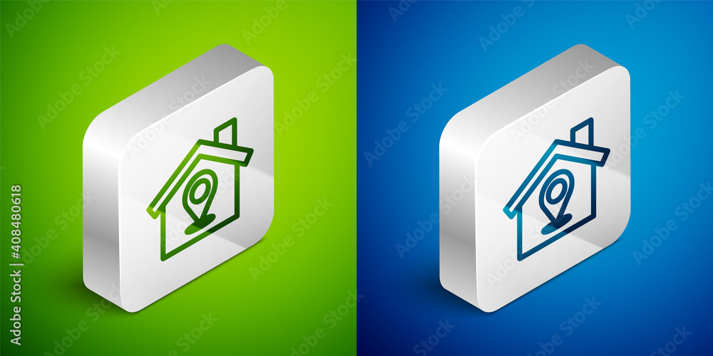 Isometric line Map pointer with house icon isolated on green and blue background. Home location marker symbol. Silver square button. Vector.