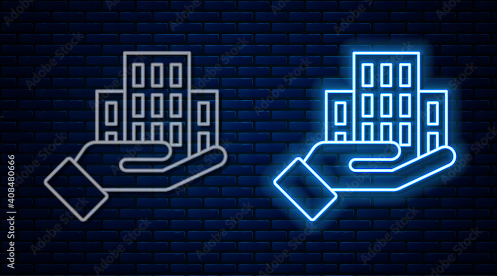 Glowing neon line Skyscraper icon isolated on brick wall background. Metropolis architecture panoramic landscape. Vector. Glowing neon line Skyscraper icon isolated on brick wall background. Metropolis architecture panoramic landscape. Vector.