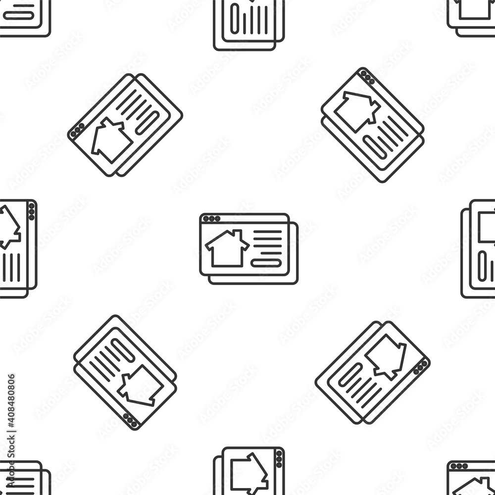 Grey line Online real estate house in browser icon isolated seamless pattern on white background. Home loan concept, rent, buy, buying a property. Vector. Grey line Online real estate house in browser icon isolated seamless pattern on white background. Home loan concept, rent, buy, buying a property. Vector.