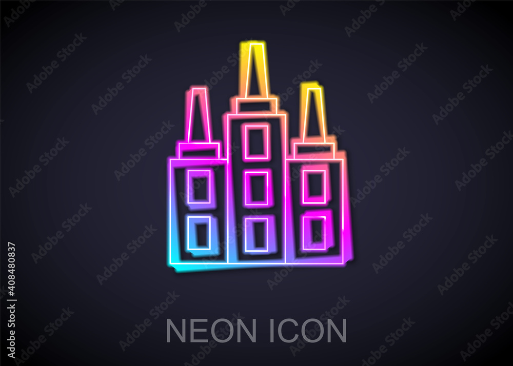 Glowing neon line Skyscraper icon isolated on black background. Metropolis architecture panoramic landscape. Vector.
