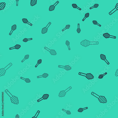 Black line Honey dipper stick icon isolated seamless pattern on green background. Honey ladle. Vector.