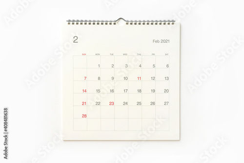 February 2021 calendar on white background. Calendar background for reminder, business planning, appointment meeting and event.