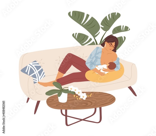 Mom breastfeeding her newborn baby. Happy mother lying with child, who suckling breast. Young woman feeding infant with breastmilk. Colored flat vector illustration isolated on white background