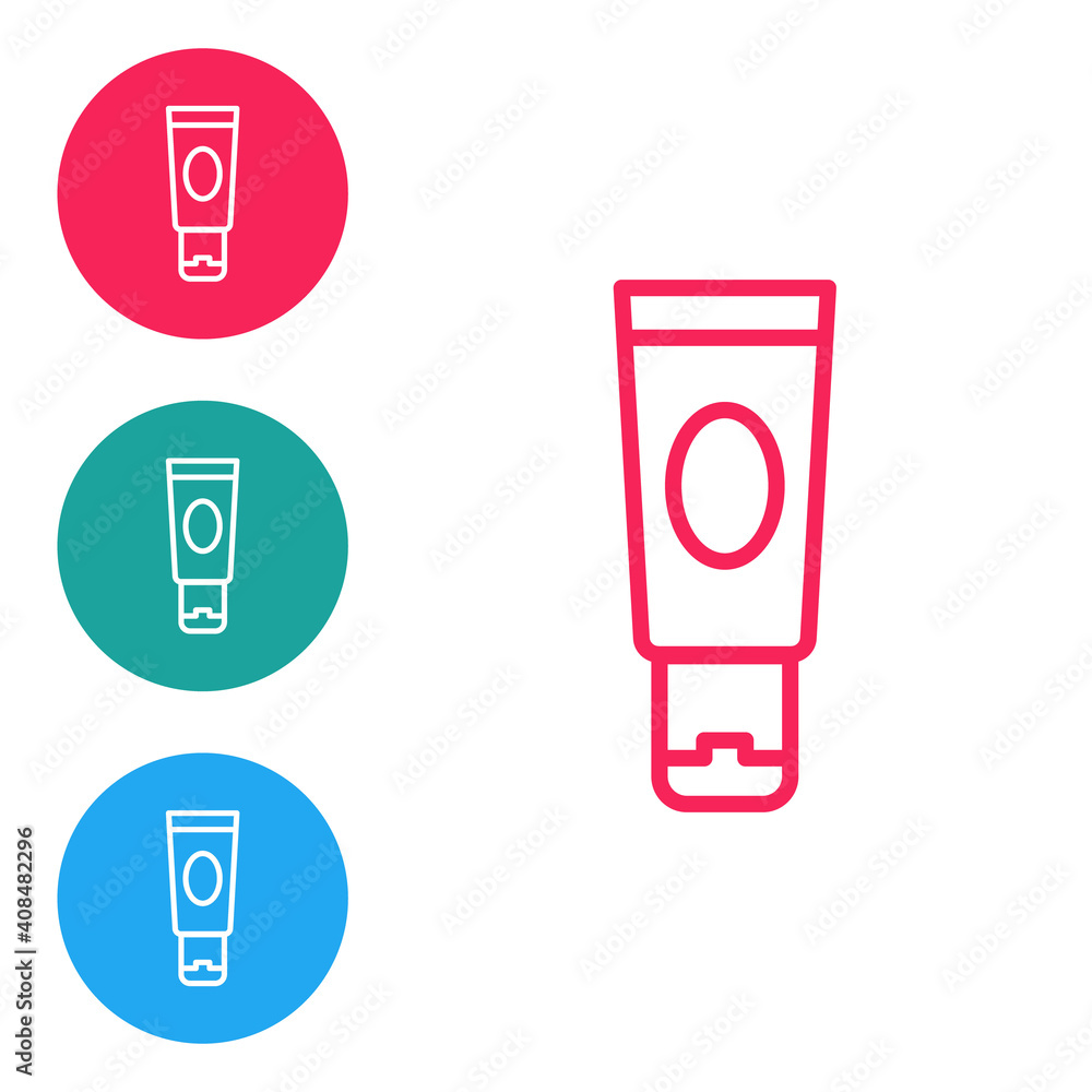 Obraz premium Red line Cream or lotion cosmetic tube icon isolated on white background. Body care products for woman. Set icons in circle buttons. Vector.