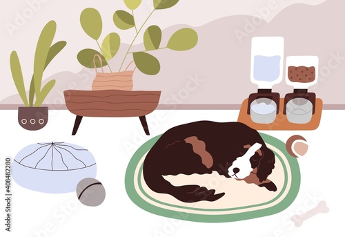Sleepy dog staying home alone with smart automatic pet feeders or food dispensers with dry feed and water. Calm animal sleeping on floor in modern room with good conditions. Flat vector illustration