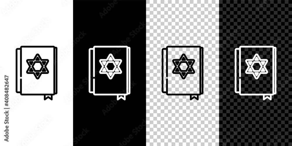 Set line Jewish torah book icon isolated on black and white,transparent background. Pentateuch of Moses. On the cover of the Bible is the image of the Star of David. Vector. Set line Jewish torah book icon isolated on black and white,transparent background. Pentateuch of Moses. On the cover of the Bible is the image of the Star of David. Vector.