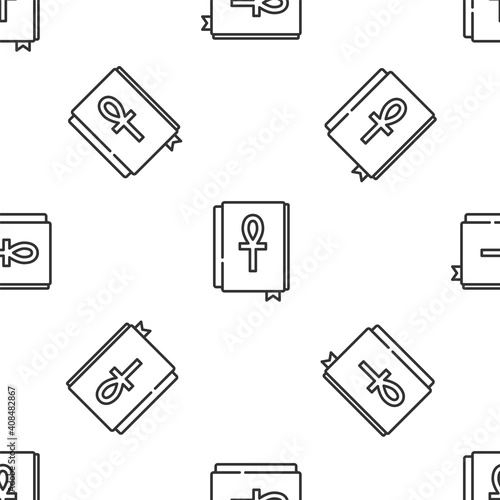 Grey line Cross ankh book icon isolated seamless pattern on white background. Vector.