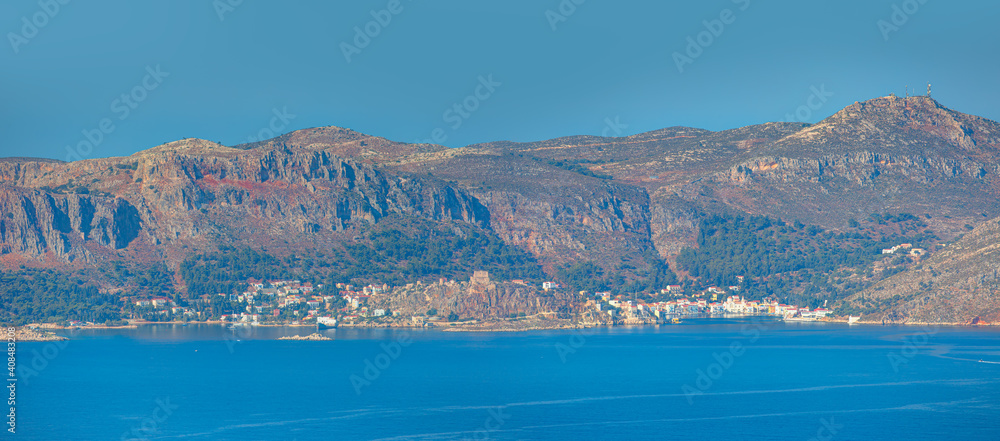 Obraz premium Sea landscape of the town of Meis and boats - Meis island , Greece.