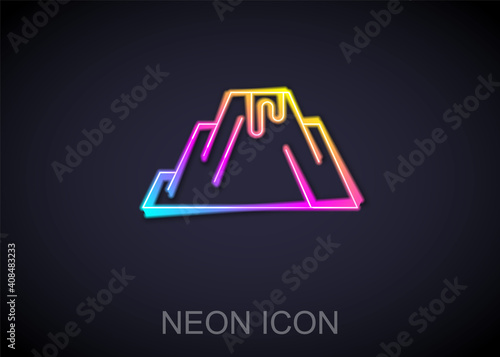 Glowing neon line Volcano eruption with lava icon isolated on black background. Vector.