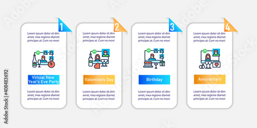 Meeting together vector infographics. Online celebration conferences.Remote video communication template for presentations ,workflow layout, info chart, banner. Mobile app pages screen with 4 concepts