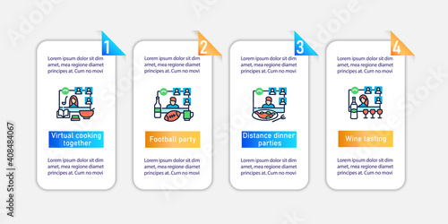 Meeting together vector infographics.Online kitchen conference concept.Remote video communication template for presentations ,workflow layout, info chart,banner.Mobile app pages screen with 4 concepts