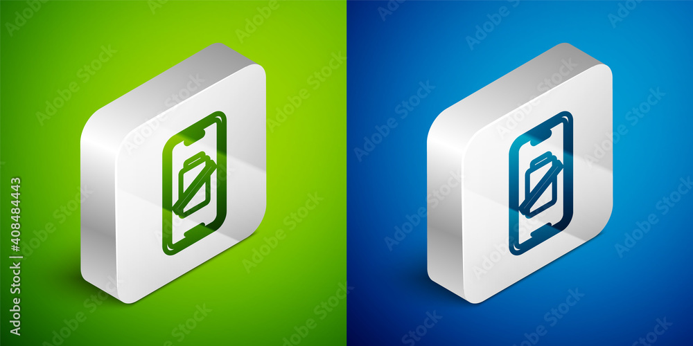 Isometric line Smartphone battery charge icon isolated on green and blue background. Phone with a low battery charge. Silver square button. Vector. Isometric line Smartphone battery charge icon isolated on green and blue background. Phone with a low battery charge. Silver square button. Vector.