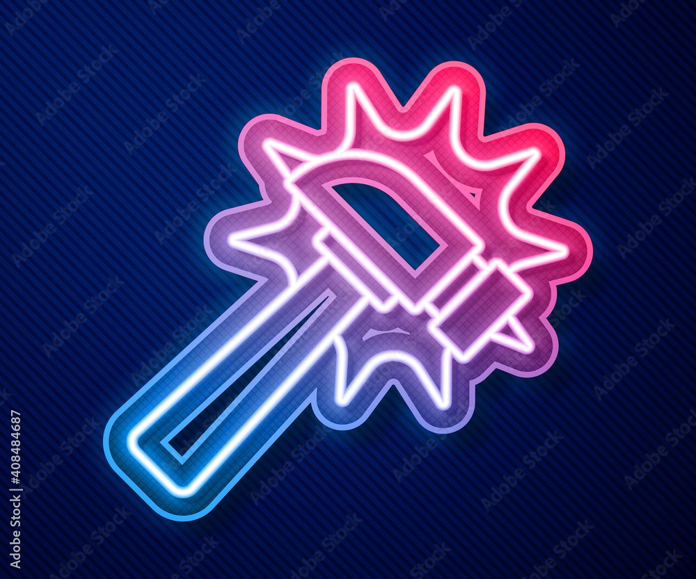 Glowing neon line Hammer icon isolated on blue background. Tool for repair. Vector. Glowing neon line Hammer icon isolated on blue background. Tool for repair. Vector.
