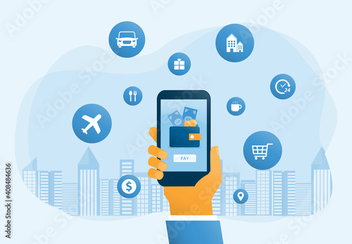 flat vector illustration design mobile wallet and mobile payment concept with design concept for technology digital smart device service online on business 