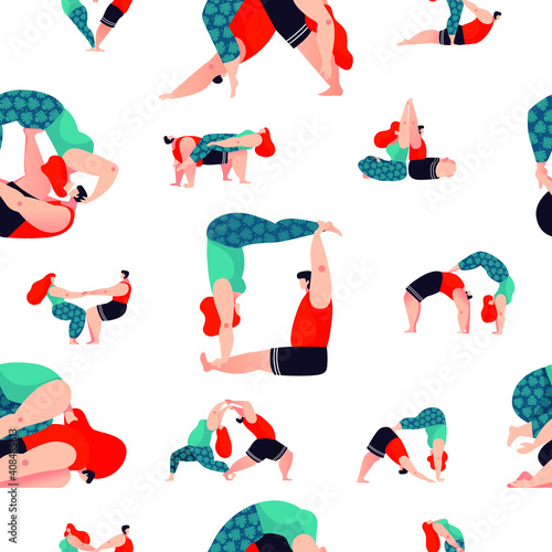 Acro yoga - seamless pattern with cute cartoon characters doing asanas. Great choice for textile or wallpapers print, apparel or yoga studio brand design.