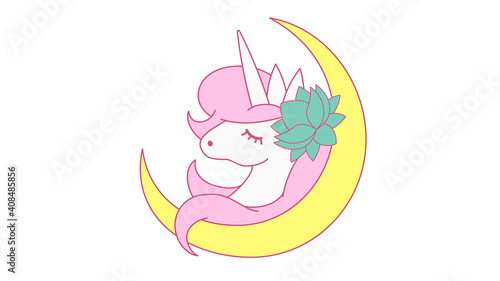 The head of a unicorn with a long mane against the background of the moon. Fantasy animal for kids design. Suitable for prints, posters, postcards, etc. Vector illustration