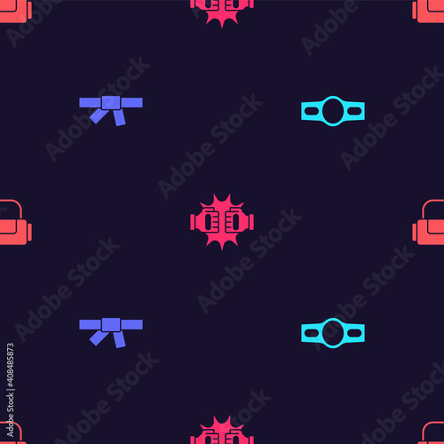 Set Boxing belt, Black karate, Punch boxing gloves and Sport bag on seamless pattern. Vector.