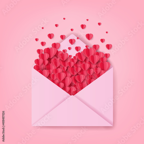 Happy Valentine's Day concept, Pink envelope has a lot of red paper hearts inside, Letter to love, Paper art and digital craft style