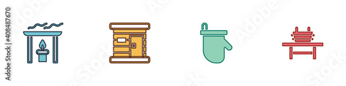 Set Aroma candle, Sauna wooden bathhouse, mittens and bench with bucket icon. Vector.