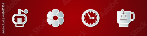 Set Aftershave, Flower, Sauna clock and Cup of tea with tea bag icon. Vector.