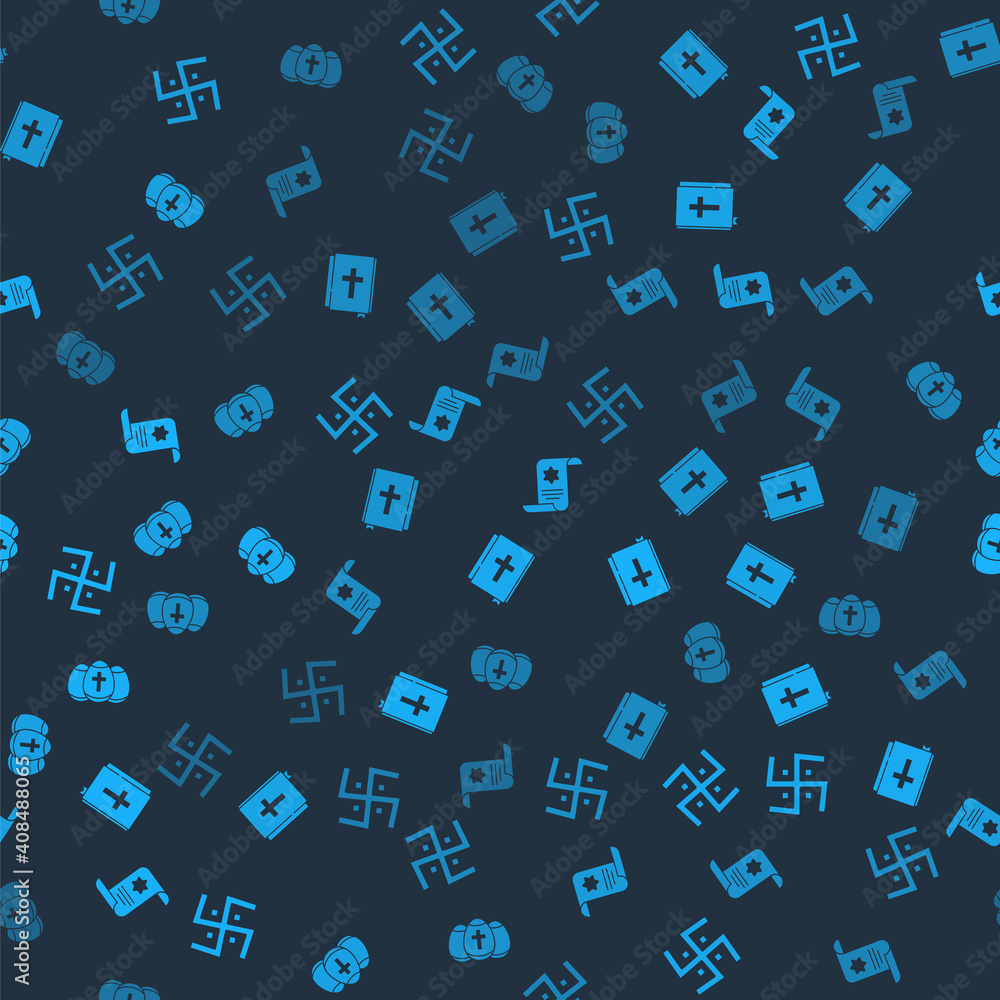 Set Hindu swastika, Holy bible book, Torah scroll and Easter egg on seamless pattern. Vector. Set Hindu swastika, Holy bible book, Torah scroll and Easter egg on seamless pattern. Vector.