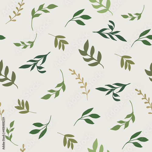 Fototapeta Naklejka Na Ścianę i Meble -  Leaves, branches of plants on a gray-blue background. Seamless vector pattern. Suitable for screen saver, textile, wallpaper, production, design, interior.