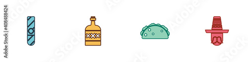 Set Cigar, Tequila bottle, Taco with tortilla and Mexican man sombrero icon. Vector.