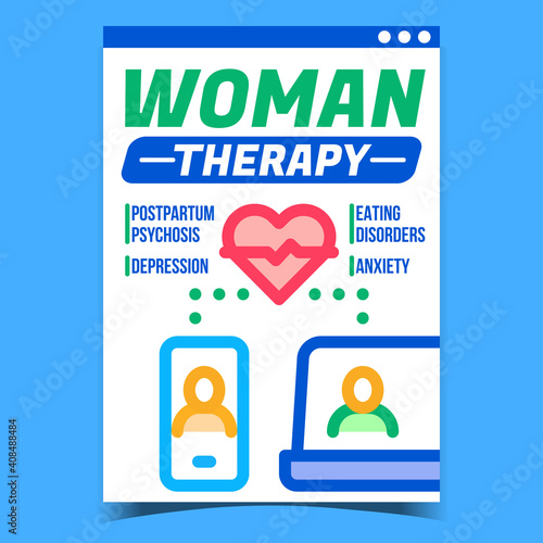 Woman Therapy Creative Promotional Poster Vector. Postpartum Psychosis And Depression, Eating Disorders And Anxiety Woman Disease Advertising Banner. Concept Template Style Color Illustration