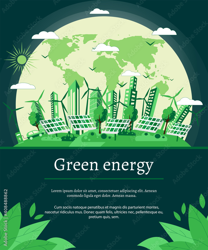 Green energy concept with wind turbines and solar panels on the