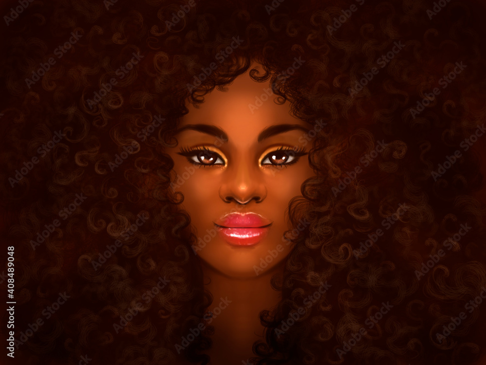 Black woman beauty. Portrait of a beautiful girl looking straight with curly dark hair, afro hairstyle.