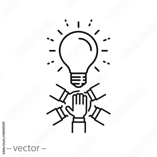 meeting group people with creative idea, icon, together partnership as a team, business community with lightbulb, thin line symbol on white background - editable stroke vector illustration eps10