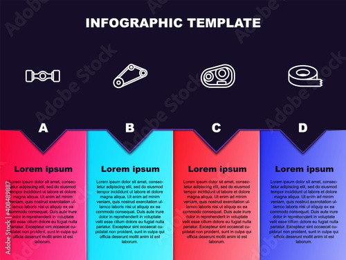 Set line Chassis car, Timing belt kit, Car headlight and Scotch tape. Business infographic template. Vector.