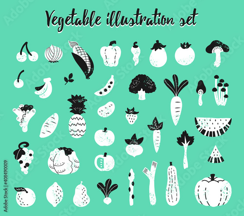 手描きの野菜と果物の素材セット