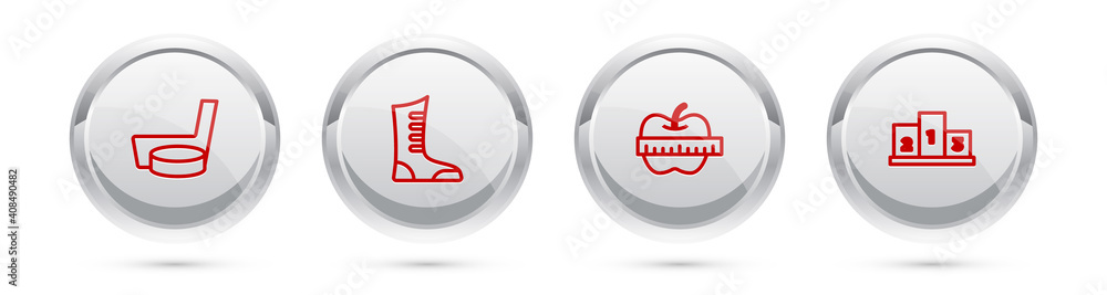 Set line Ice hockey stick and puck, Sport boxing shoes, Apple measuring tape and Award over sports winner podium. Silver circle button. Vector. Set line Ice hockey stick and puck, Sport boxing shoes, Apple measuring tape and Award over sports winner podium. Silver circle button. Vector.