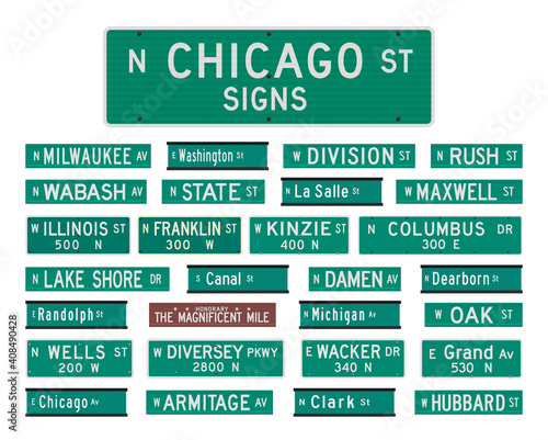 Vector illustration of the famous Chicago streets and avenues road signs