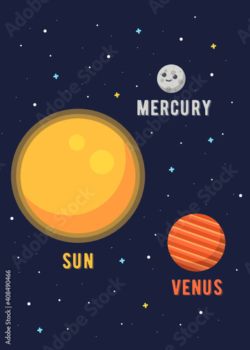 Set 3 Planet Solar System  Sun Mercury   Venus. Illustrations vector graphic of the solar system in flat design cartoon style. solar system poster design for kids learning. space kids.