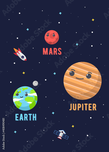 Set 3 Planet Cute Solar System, Earth Mars & Jupiter. Illustrations vector graphic of the solar system in cute design cartoon style. solar system poster design for kids learning. space kids.